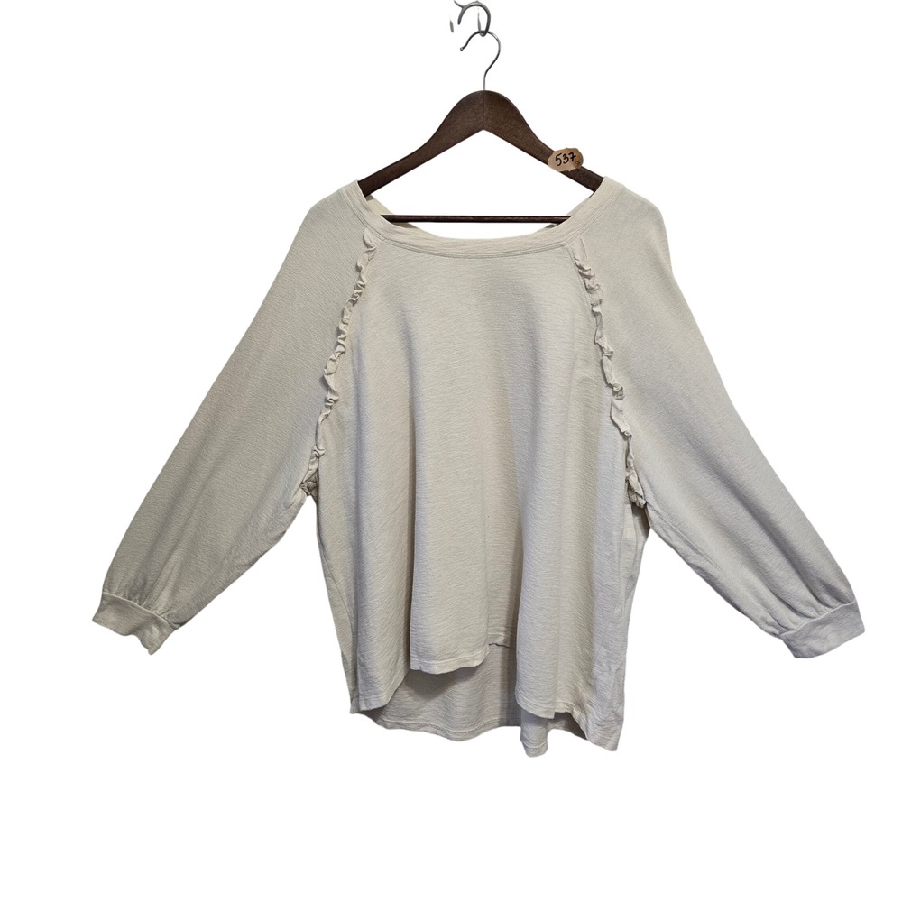 Wonderly Womens 2X Cream Slub Knit Ruffle Trim Long Sleeve High Low Top